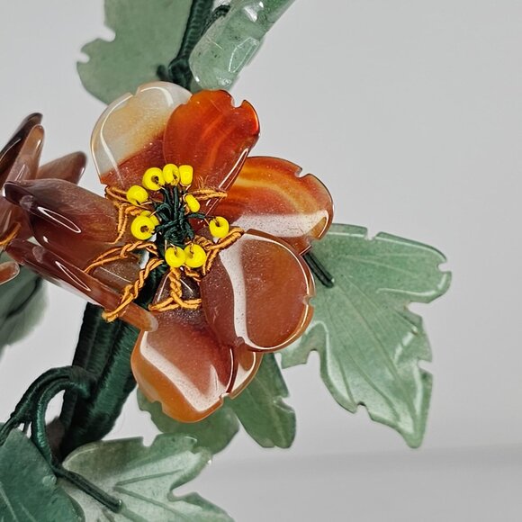 Vintage Chinese Jade Bonsai Tree Carved Carnelian Gemstone Brass Planter - Picture 7 of 9